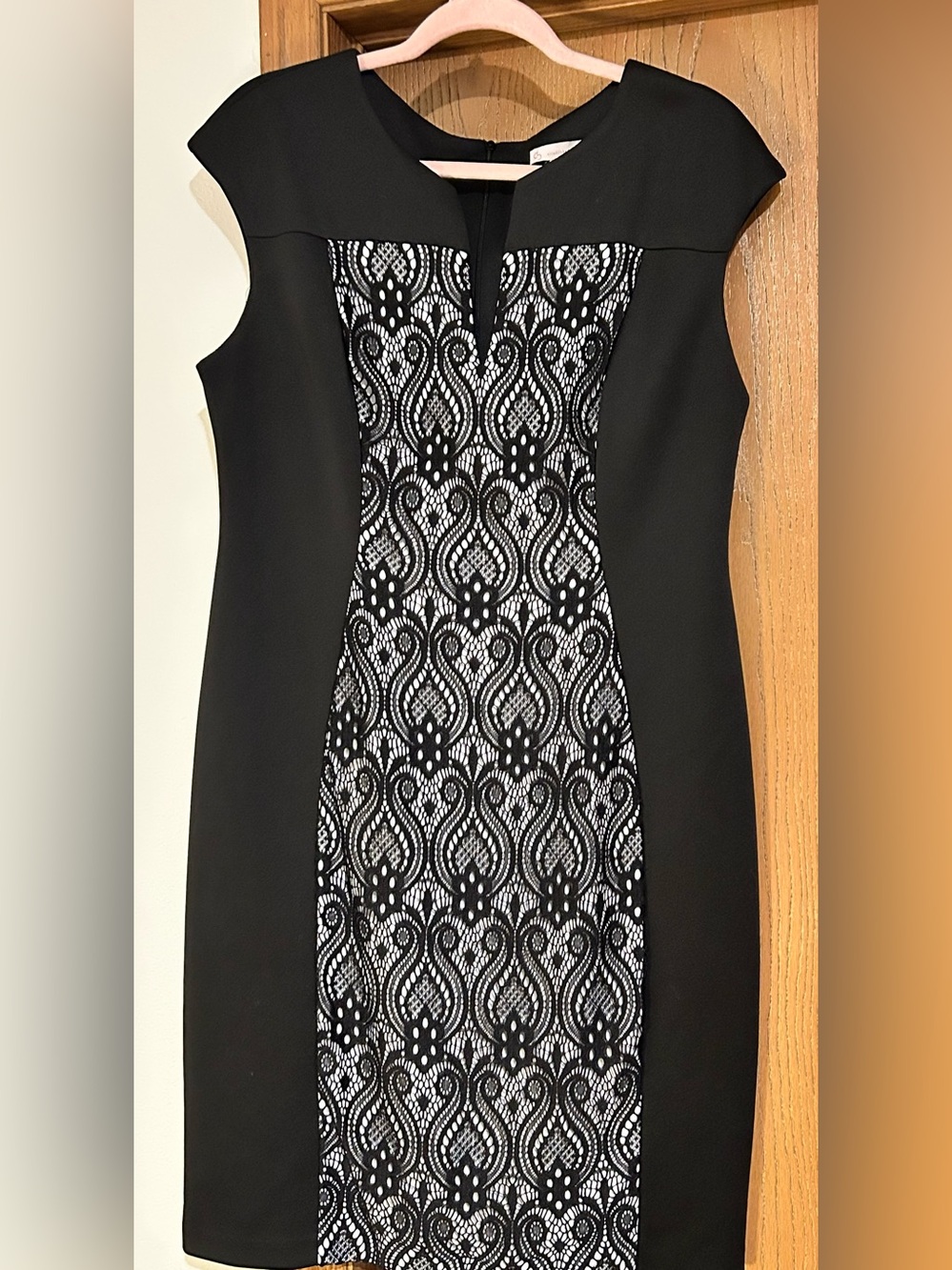 Black Midi Sheath Dress with White Lace-Patterned Panel